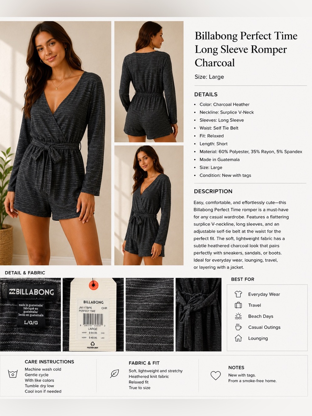 NWT Billabong Perfect Time Charcoal Heather Long Sleeve Surplice Romper | Size L